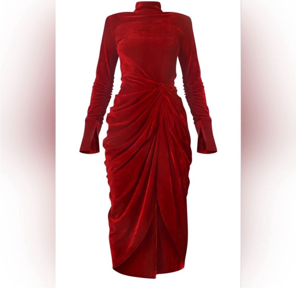 PrettyLittleThing Red Velvet Ruched High-Neck Midi Dress